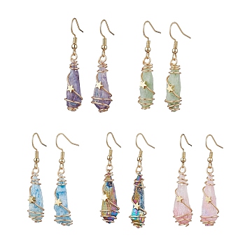 Irregular Nugget & Star Dyed Natural Quartz Crystal Dangle Earrings, Brass Wire Wrap Earrings, Mixed Color, Light Gold, 41~53x6.5~11mm