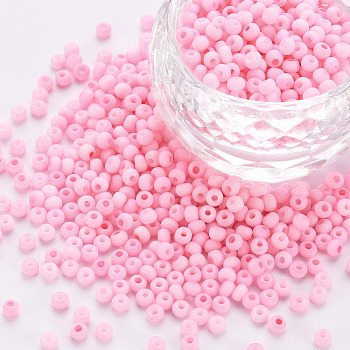 8/0 Opaque Glass Seed Beads, Round Hole, Frosted Colours, Round, Pink, 3~4x2~3mm, Hole: 0.8mm, about 15000pcs/Pound