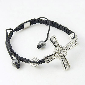 Fashion Cross Bracelets, with Rhinestone Beads, Hematite Beads and Alloy Beads, Black, 57mm