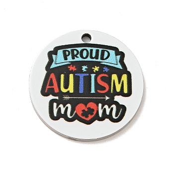 Autism Awareness Theme 201 Stainless Steel Pendants, Flat Round, Stainless Steel Color, Word, 25x1mm, Hole: 1.8mm