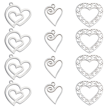18Pcs 3 Style 201 Stainless Steel Pendants, Heart, Stainless Steel Color, 17~20.5x13.5~20x1mm, hole: 1.4~1.6mm, 6pcs/style
