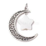 Alloy Moon Pendants, Hollow Moon Charms with Star Natural Freshwater Shell, Antique Silver, 41x34.5x3.5mm, Hole: 6mm(PALLOY-JF02290-01)