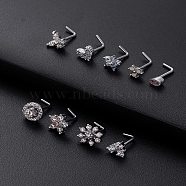 316L Surgical Stainless Steel Clear Cubic Zirconia L-Shaped Nose Rings, Flower, Stainless Steel Color, 7mm, Pin: 0.8mm(WG135CD-10)