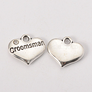 Wedding Theme Antique Silver Tone Tibetan Style Heart with Groomsman Rhinestone Charms, Cadmium Free & Lead Free, Crystal, 14x16x3mm, Hole: 2mm(TIBEP-N005-02C)