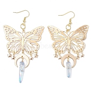 Natural Quartz Crystal & Iron & Brass Dangle Earrings, with Brass Earrings Findings, Butterfly, Left and Right, Golden, 91.5x50mm(EJEW-TA00588)