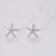 Wedding Bridal Alloy Hair Forks, with Rhinestone, Starfish/Sea Stars, Crystal, 73~74mm, Pin: 1.3mm, Starfish/Sea Stars: 27~28x4mm(OHAR-WH0007-01B)