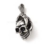 PVD Vacuum Plating 304 Stainless Steel Pendants, Skull, Antique Silver, 26x13.5x14mm, Hole: 7.5x3mm(STAS-D182-09AS)