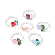 Tulip Flower Glass Seed Beaded Stretch Rings for Women, Mixed Color, US Size 8(18.1mm)(RJEW-JR00596)