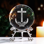 Inner Carving Cross & Hand Glass Crystal Ball Diaplay Decoration, with Alloy Pedestal, Fengshui Home Decor, Clear, 80x80mm(PW-WGB9661-02)