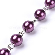 Handmade Dyed Glass Pearl Beaded Chains, Unwelded, with Iron Eye Pin, Platinum, Purple, 39.37 inch, 1m/strand(AJEW-JB00487-03)