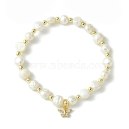 Natural Pearl Beaded Stretch Bracelets, with Brass Cubic Zirconia Butterfly Charms, Golden, Inner Diameter: 2 inch(5.1cm)(BJEW-JB10134)