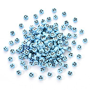 Opaque Acrylic Beads, Flat Round with Black Random Expression, Sky Blue, 7x4mm, Hole: 1.6mm, 200pcs/set(MACR-YW0001-22E)