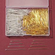 8 Styles Brass Eye Pins, Cadmium Free & Lead Free, Golden & Silver, 21 Gauge, 24~50x0.7mm, Hole: 2mm, 600pcs/box(KK-FS0001-10)