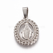 Religion Theme 304 Stainless Steel Pendants, with Crystal Rhinestone, Oval with Virgin Mary, Stainless Steel Color, 25x17x2mm, Hole: 7x4mm(STAS-I131-18B-P)