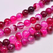 Natural Striped Agate/Banded Agate Bead Strands, Dyed & Heated, Round, Grade A, Deep Pink, 6mm, Hole: 1mm, about 63pcs/strand, 14.7 inch(375mm)(G-G962-6mm-01)