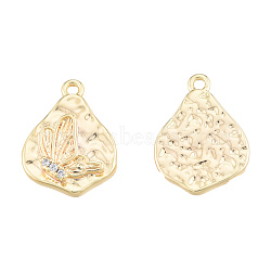 Brass Micro Pave Clear Cubic Zirconia Charms, Nickel Free, Textured, Teardrop with Butterfly, Real 18K Gold Plated, 14x10x2mm, Hole: 1mm(KK-N231-408)