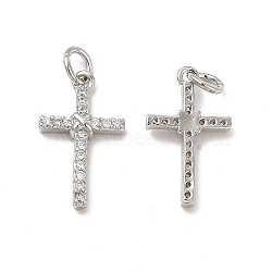 Brass Micro Pave Cubic Zirconia Pendants, with Jump Ring, Religion Cross Charm, Platinum, 18.5x11x3mm, Hole: 3.3mm(KK-E068-VB251)