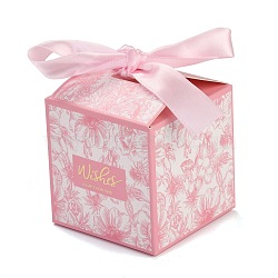 Wedding Theme Folding Gift Boxes, Square with Flower & Word Wishes A GIFT FOR YOU and Ribbon, for Candies Cookies Packaging, Pink, 7x7x8.3cm(CON-P014-01D)