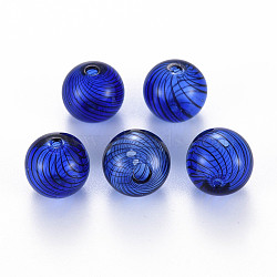 Transparent Handmade Blown Glass Globe Beads, Stripe Pattern, Round, Blue, 12.5~13.5mm, Hole: 1~2mm(X-GLAA-T012-40C-04)