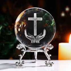 Inner Carving Cross & Hand Glass Crystal Ball Diaplay Decoration, with Alloy Pedestal, Fengshui Home Decor, Clear, 80x80mm(PW-WGB9661-02)