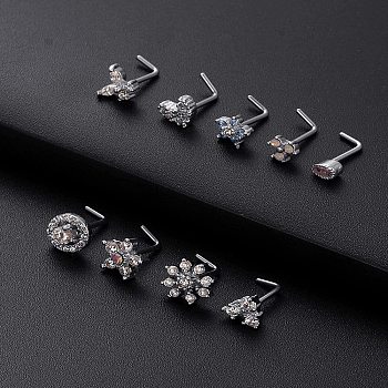 316L Surgical Stainless Steel Clear Cubic Zirconia L-Shaped Nose Rings, Flower, Stainless Steel Color, 7mm, Pin: 0.8mm