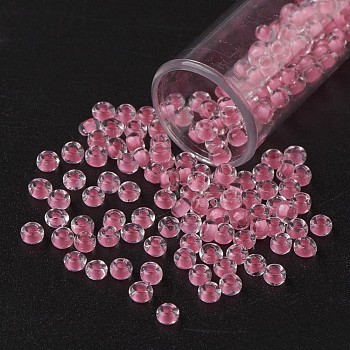 11/0 Grade A Round Glass Seed Beads, Transparent Inside Colours, Flamingo, 2.3x1.5mm, Hole: 1mm, about 48500pcs/pound