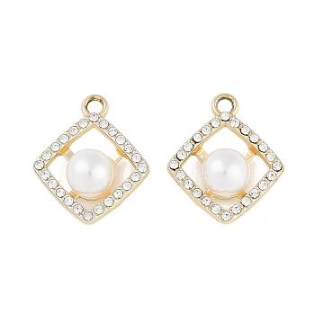 UV Plating Alloy Pendants, with Rhinestone and ABS Plastic Imitation Pearl Beads, Lead Free & Cadmium Free, Rhombus, Golden, 22x19x9mm, Hole: 3mm