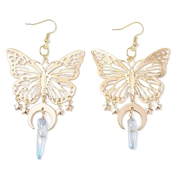 Natural Quartz Crystal & Iron & Brass Dangle Earrings, with Brass Earrings Findings, Butterfly, Left and Right, Golden, 91.5x50mm