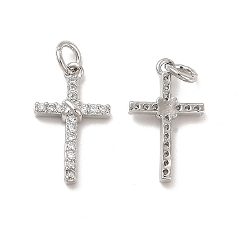 Brass Micro Pave Cubic Zirconia Pendants, with Jump Ring, Religion Cross Charm, Platinum, 18.5x11x3mm, Hole: 3.3mm
