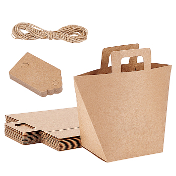 Rectangle Foldable Creative Kraft Paper Gift Bag, with Jute Cords and Paper Price Tags, Tan, 9x17.5x12cm