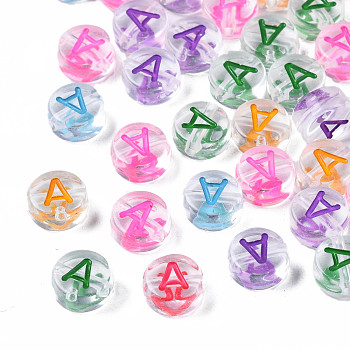 Transparent Clear Acrylic Beads, Horizontal Hole, Flat Round with Mixed Color Letter, Letter.A, 7x3.5mm, Hole: 1.2mm, about 3700pcs/500g