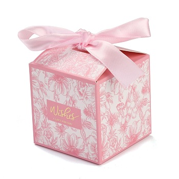 Wedding Theme Folding Gift Boxes, Square with Flower & Word Wishes A GIFT FOR YOU and Ribbon, for Candies Cookies Packaging, Pink, 7x7x8.3cm