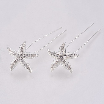 Wedding Bridal Alloy Hair Forks, with Rhinestone, Starfish/Sea Stars, Crystal, 73~74mm, Pin: 1.3mm, Starfish/Sea Stars: 27~28x4mm