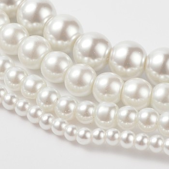 Dyed Glass Pearl Round Beads Strands, White, 4mm/6mm/8mm/10mm/12mm, Hole: 1mm, about 70~216pcs/strand