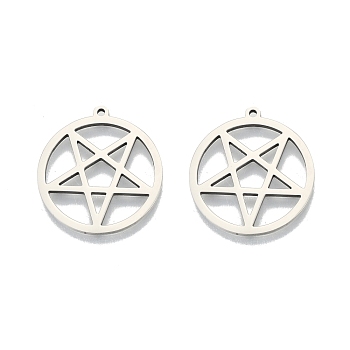 201 Stainless Steel Pendants, Hollow, Ring with Star, Stainless Steel Color, 27x25x1.5mm, Hole: 1.4mm