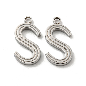 304 Stainless Steel Pendants, Letter Charms, Letter S, 15x7x1.5mm, Hole: 1.6mm