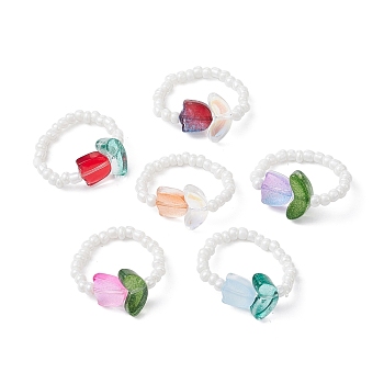 Tulip Flower Glass Seed Beaded Stretch Rings for Women, Mixed Color, US Size 8(18.1mm)