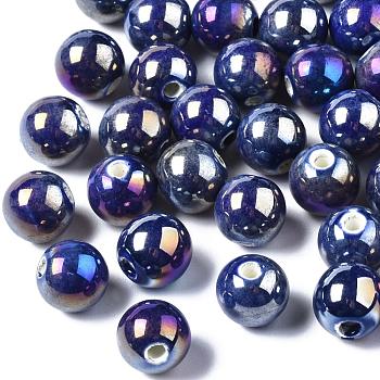 Handmade Porcelain Round Beads, AB Color Plated, Prussian Blue, 9mm, Hole: 2mm