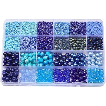 CHGCRAFT 4458Pcs 24 Style Electroplate & K9 & Opaque & Baking Painted Glass Beads, Round & Rondelle, for DIY Jewelry Making, Blue, 2~9mm, Hole: 1~1.5mm