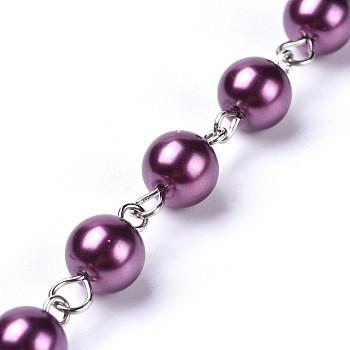 Handmade Dyed Glass Pearl Beaded Chains, Unwelded, with Iron Eye Pin, Platinum, Purple, 39.37 inch, 1m/strand