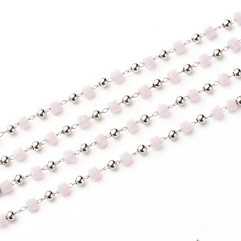 3.28 Feet Handmade Glass Beaded Chains, Soldered, with Brass Findings, Long-Lasting Plated, Real Platinum Plated, Cube, Lavender Blush, 3~3.2x3~3.2x3~3.2, 3mm