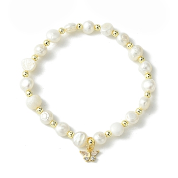 Natural Pearl Beaded Stretch Bracelets, with Brass Cubic Zirconia Butterfly Charms, Golden, Inner Diameter: 2 inch(5.1cm)