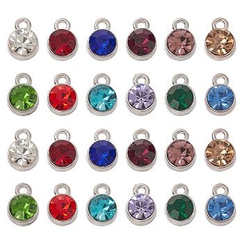 24Pcs 12 Colors Alloy Charms, with Glass Rhinestone, Birthstone Flat Round Charms, Cadmium Free & Lead Free, Mixed Color, 10x7x5mm, Hole: 1.6mm, 2Pcs/color