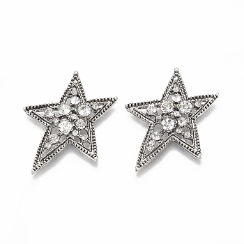 Alloy Flat Back Cabochons, with Rhinestone, Star, Crystal, Antique Silver, 37x30.5x4.5mm