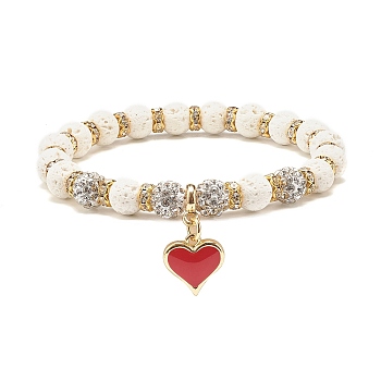 Natural Lava Rock Stretch Bracelet with Crystal Rhinestone, Essential Oil Gemstone Bracelet with Heart Charm for Women, White, Inner Diameter: 2-1/8 inch(5.4cm)