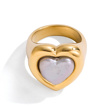 304 Stainless Steel Fresh Water Pearl Finger Rings, Heart, Golden, US Size 7(17.3mm)