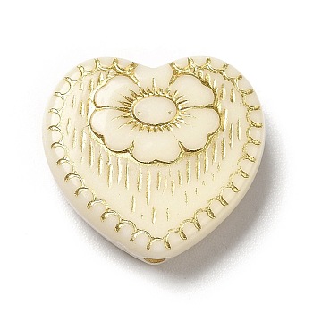 Plating Acrylic Beads, Golden Metal Enlaced, Heart with Flower Pattern, Old Lace, 17x18x6mm, Hole: 1.6mm