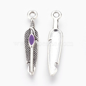 Alloy Enamel Pendants, Feather, Antique Silver, Medium Purple, 29x5.5x3mm, Hole: 2mm(ENAM-F052-04)