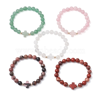 8mm Round & Cross Natural Mixed Gemstone Beaded Stretch Bracelets for Women(BJEW-JB10930)-4