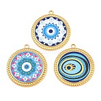 304 Stainless Steel Pendants, Flat Round with Evil Eye Charms, Ion Plating(IP), Real 18K Gold Plated, Mixed Color, 38.5x35x2.5mm, Hole: 2.5mm(SA-CBA4809-24G)